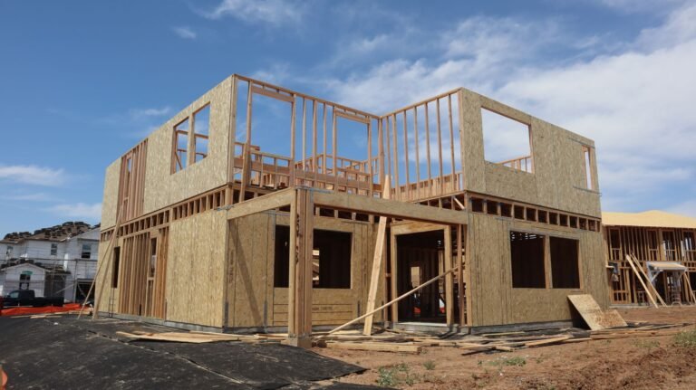 House under construction with wooden framing